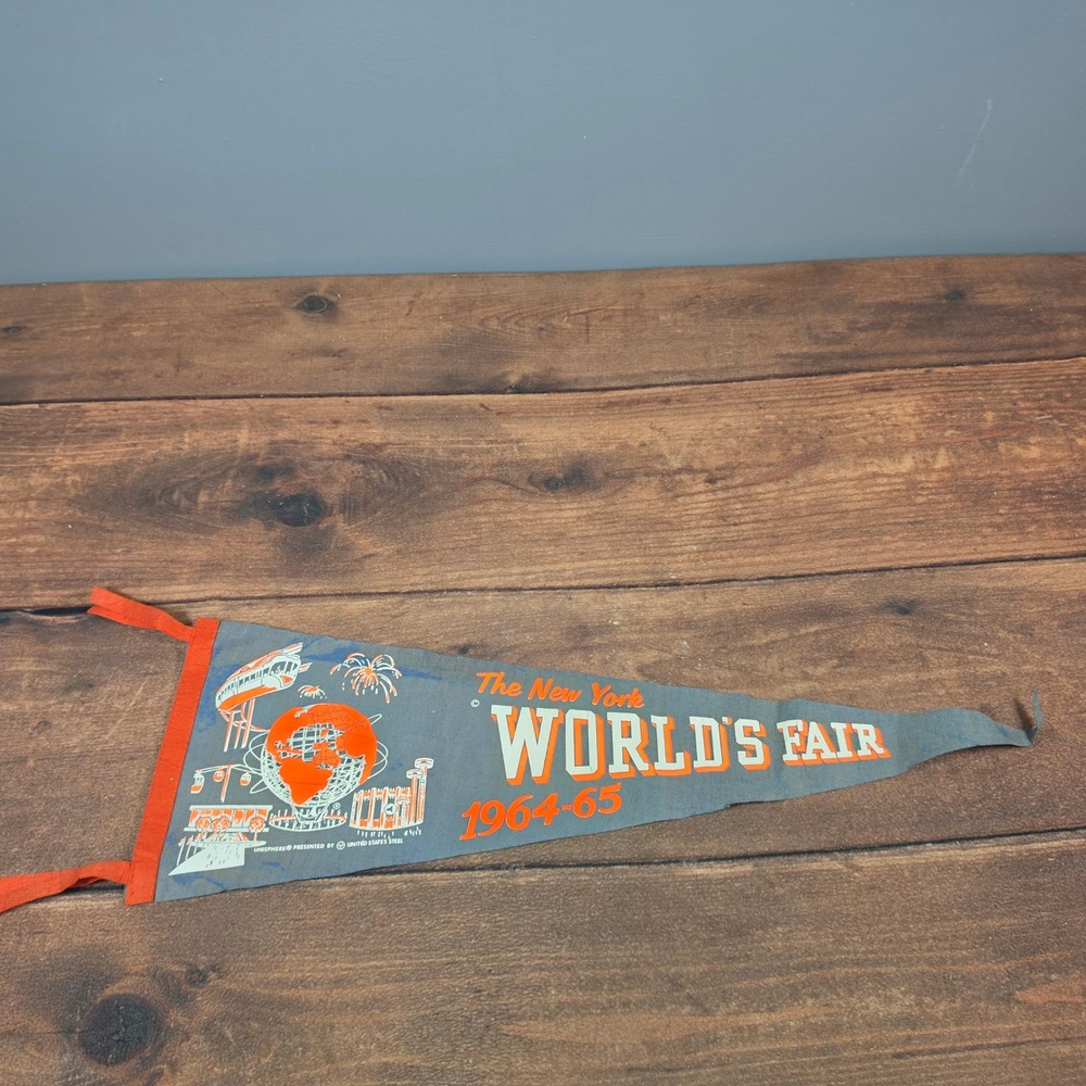 Vintage 1964-65 New York World's Fair Pennant Blue Orange Good Unisphere Felt